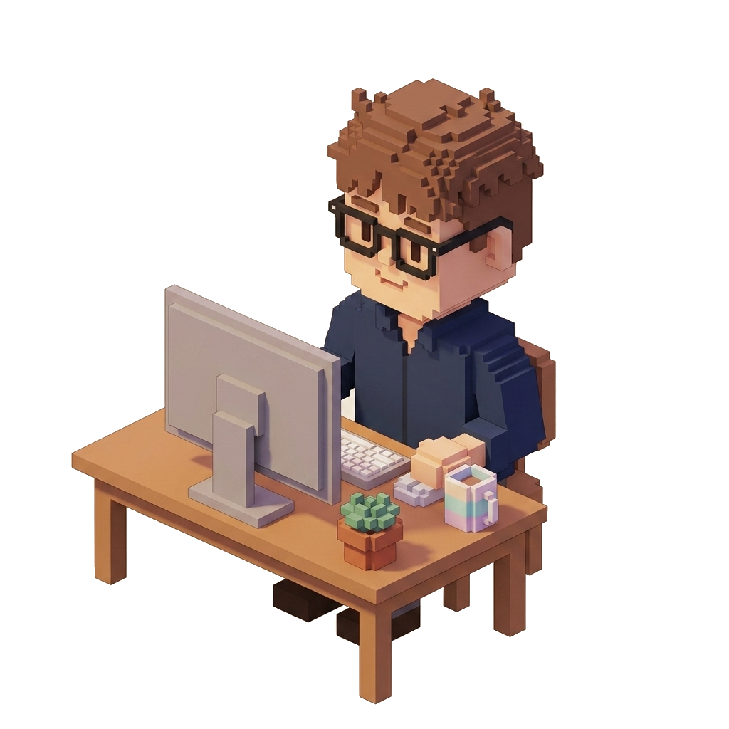 Isometric 3D voxel Phan Doan Hoang character working at a desk